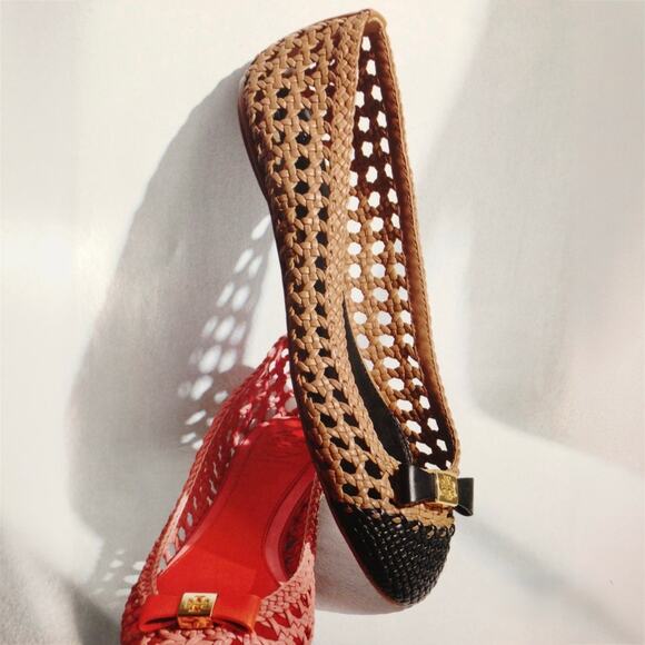 Tory Burch 6 Carlyle Woven Leather Ballerinas Ballet Flats Black Tan Logo Bow - Picture 3 of 14